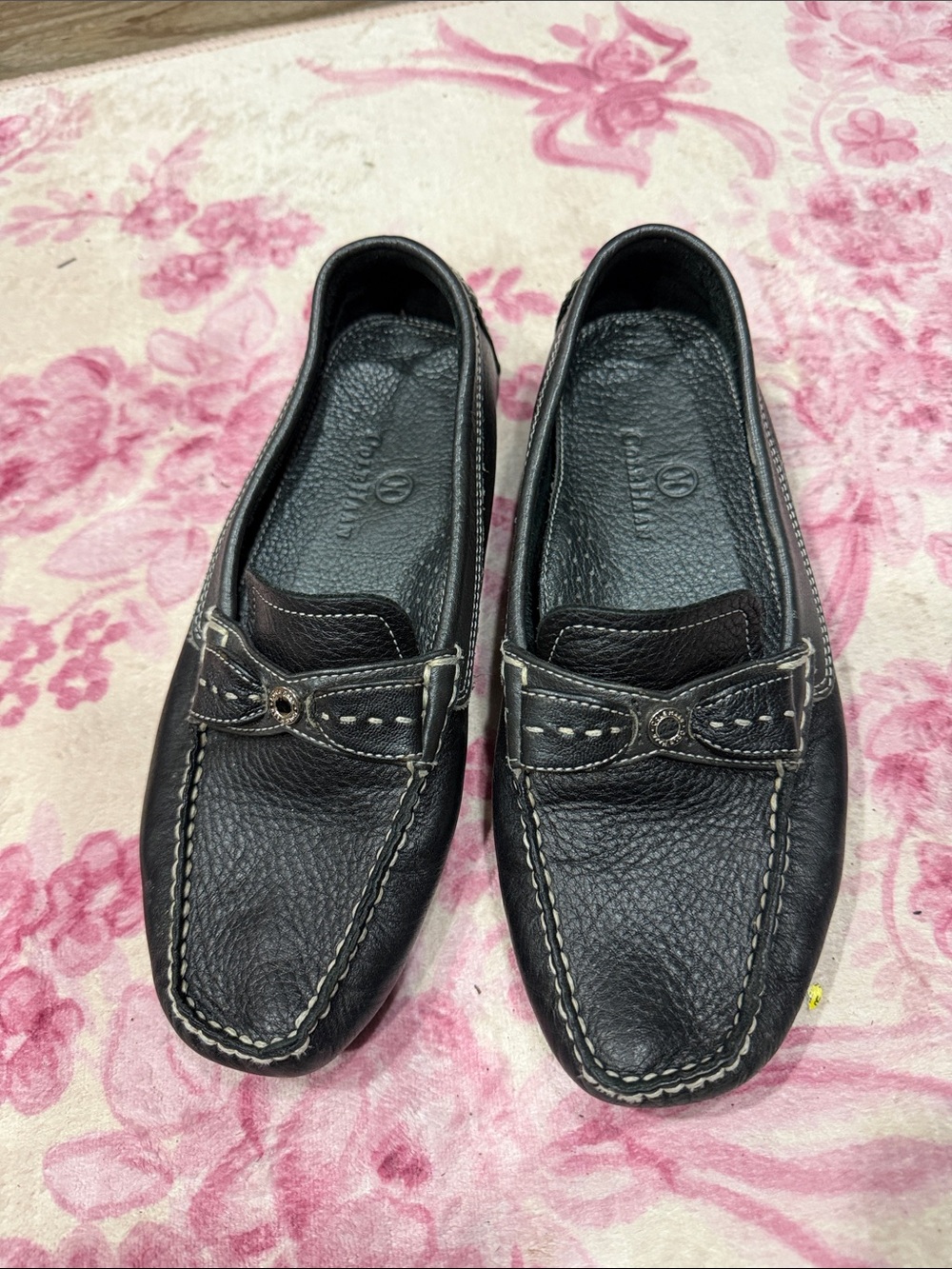 Cole Haan Black Leather Slip-On Driving Loafers with Contrast Stitching w/ studs